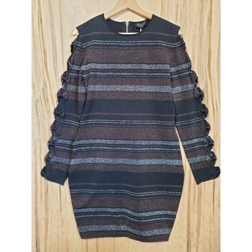 Ted Baker Wmns Size 8 Simona Lurex Striped Bow Sleeve Bodycon Dress NWT Stretch